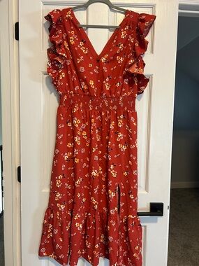 Express Women's Orange Floral Ruffle Midi Dress